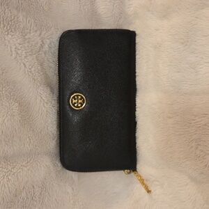 Tory Burch Black Saffiano Leather Zip Wallet with Gold Logo